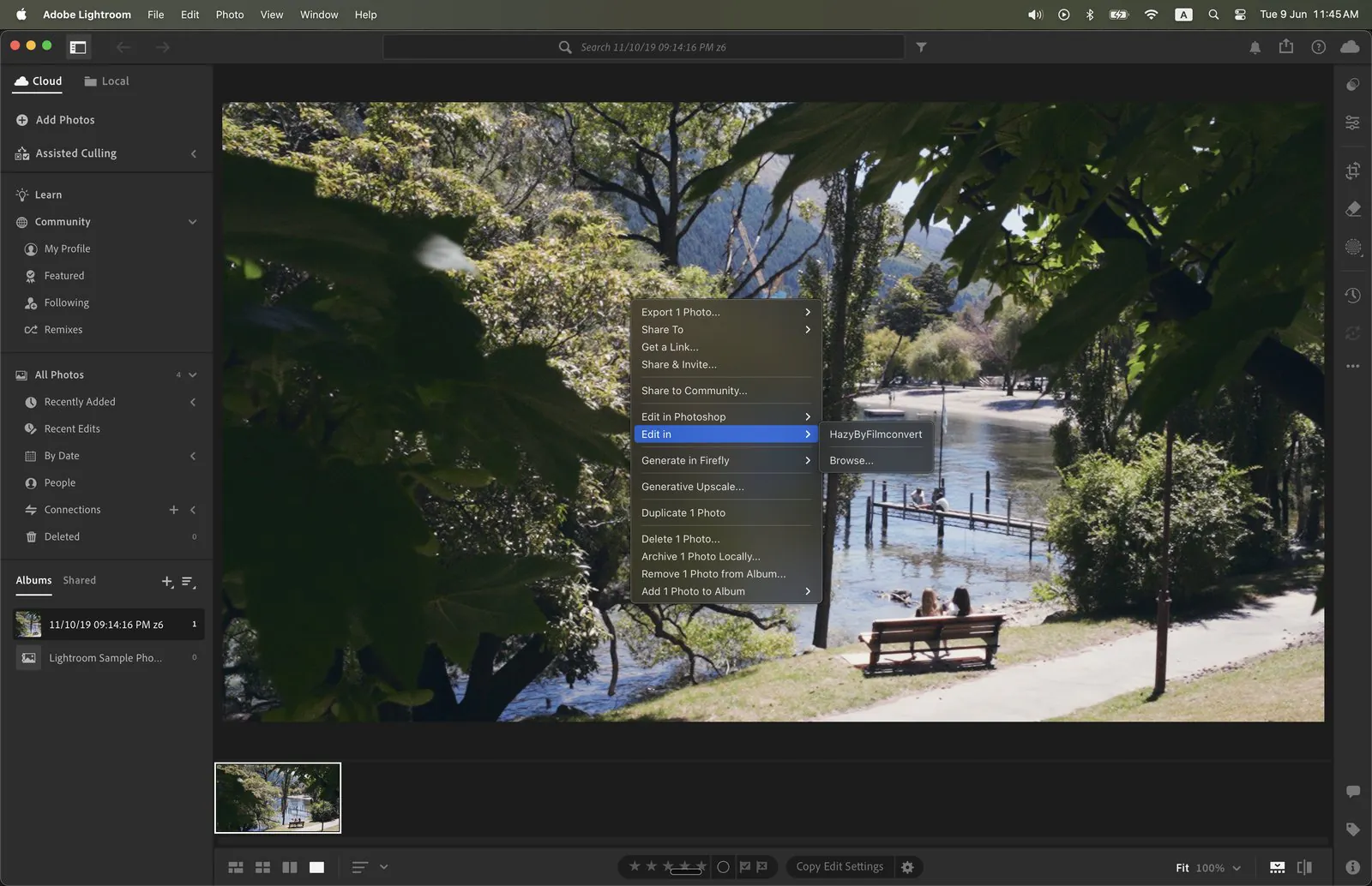 Lightroom CC Edit In menu showing HazyLightroom