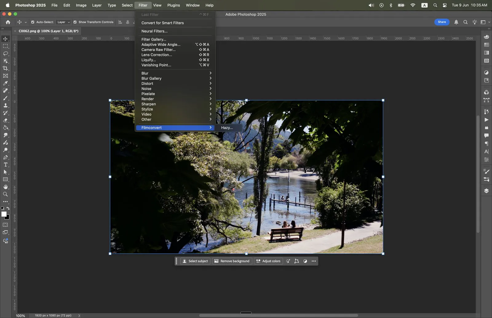 Photoshop Filter menu showing Filmconvert > Hazy