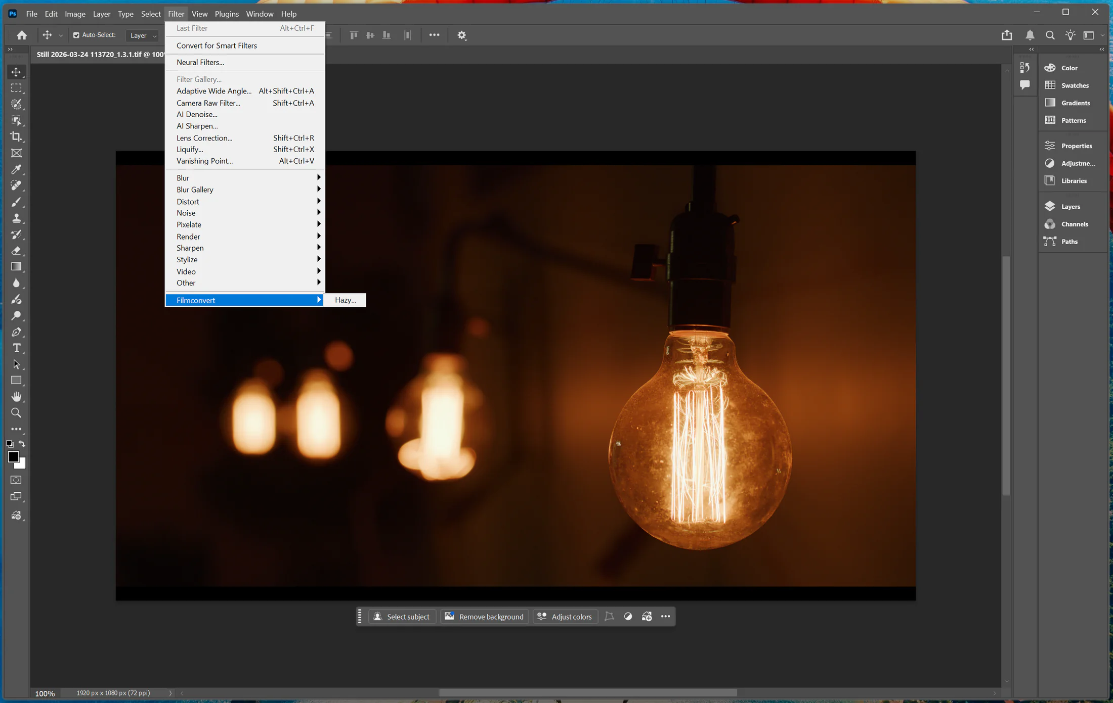 Photoshop Filter menu showing Filmconvert > Hazy on Windows