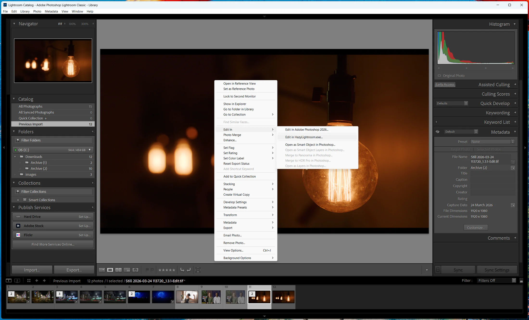 Lightroom Classic Edit In menu showing HazyLightroom on Windows