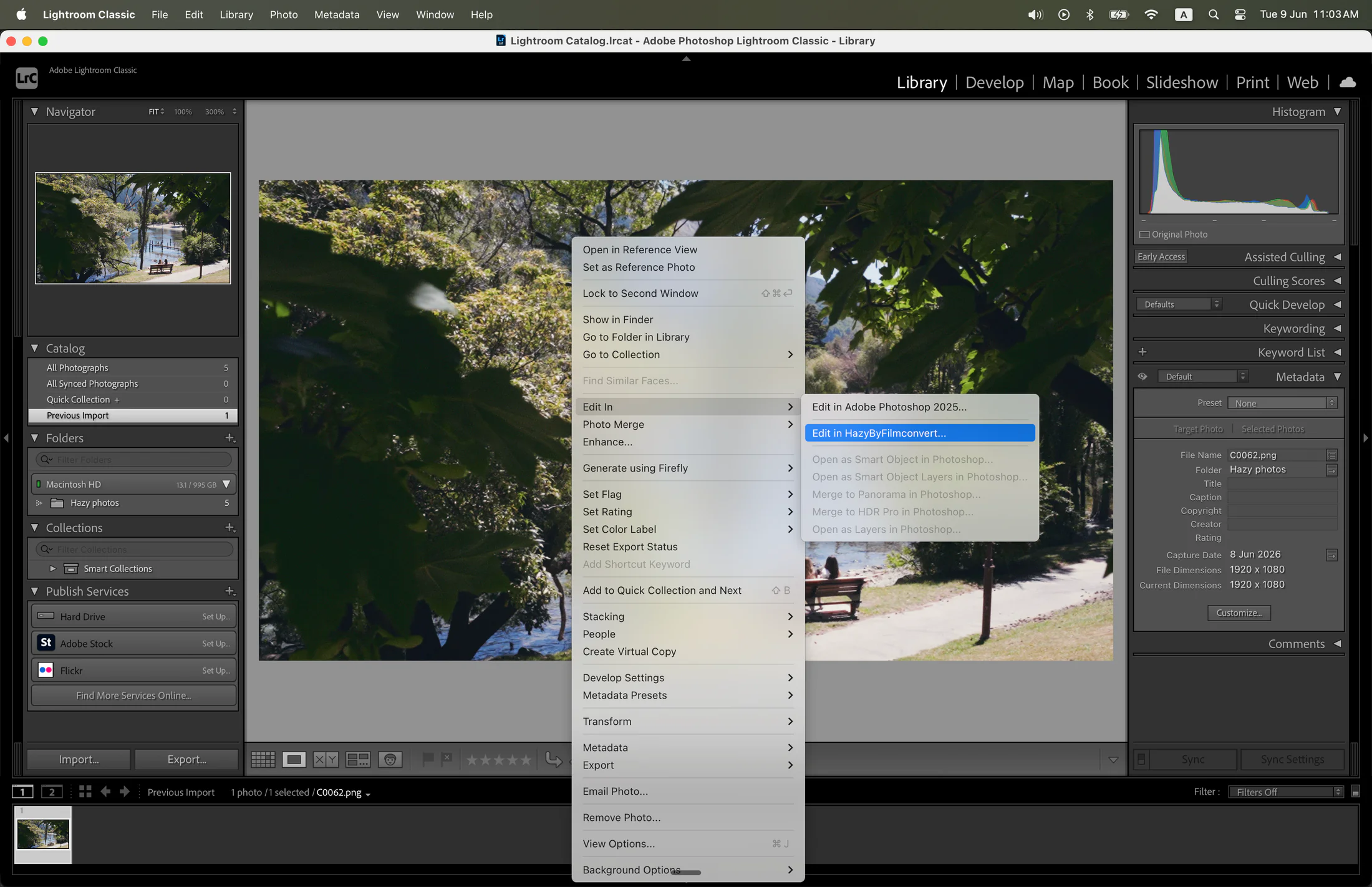 Lightroom Classic Edit In menu showing HazyLightroom