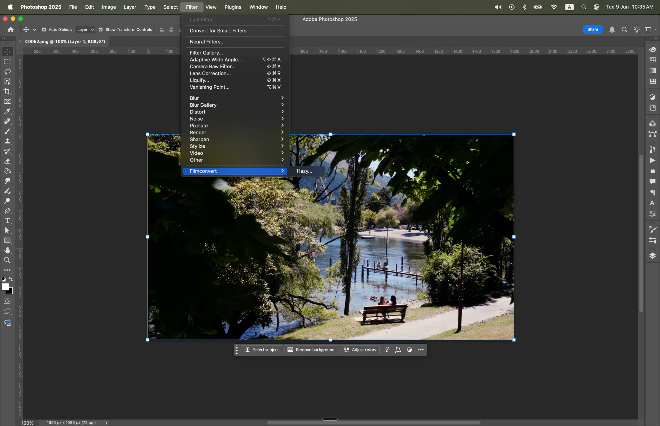 Photoshop Filter menu showing Filmconvert > Hazy