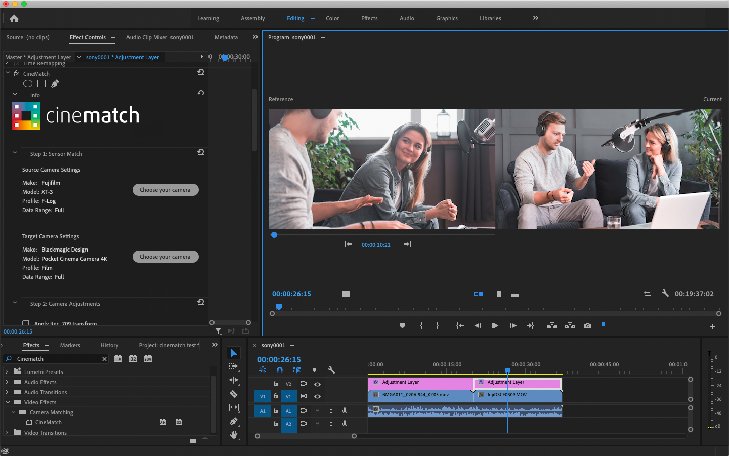 CineMatch in Adobe Premiere Pro comparison view