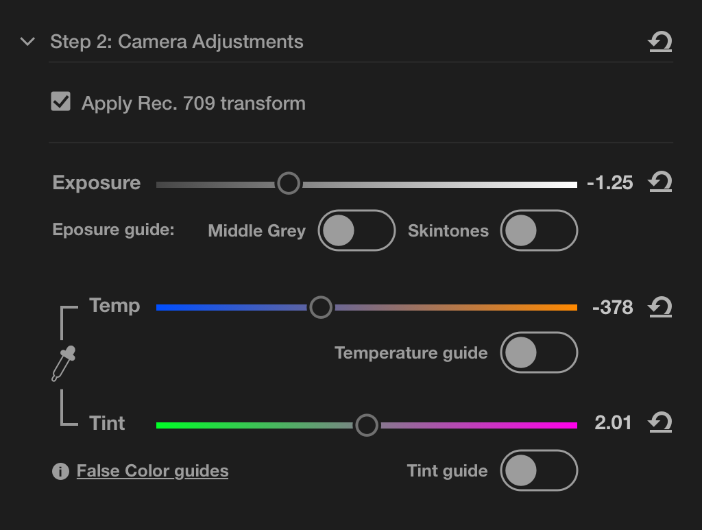 Step 2. Camera Adjustments UI FilmConvert ColorHub