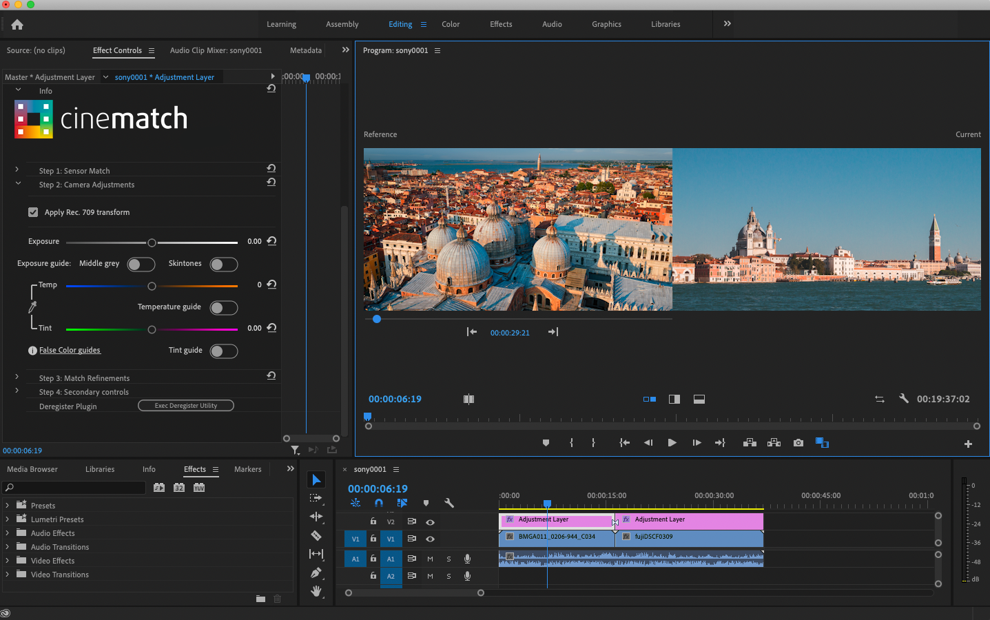 CineMatch in Adobe Premiere Pro primary adjustments